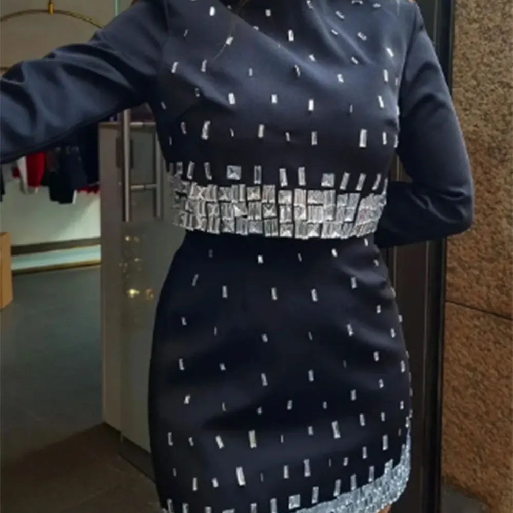 2025 Women's Wear Heavy Industry Beaded Design Mini Skirt Sets Standing Neck Long sleeved Short Top+Short Skirt Two piece Set