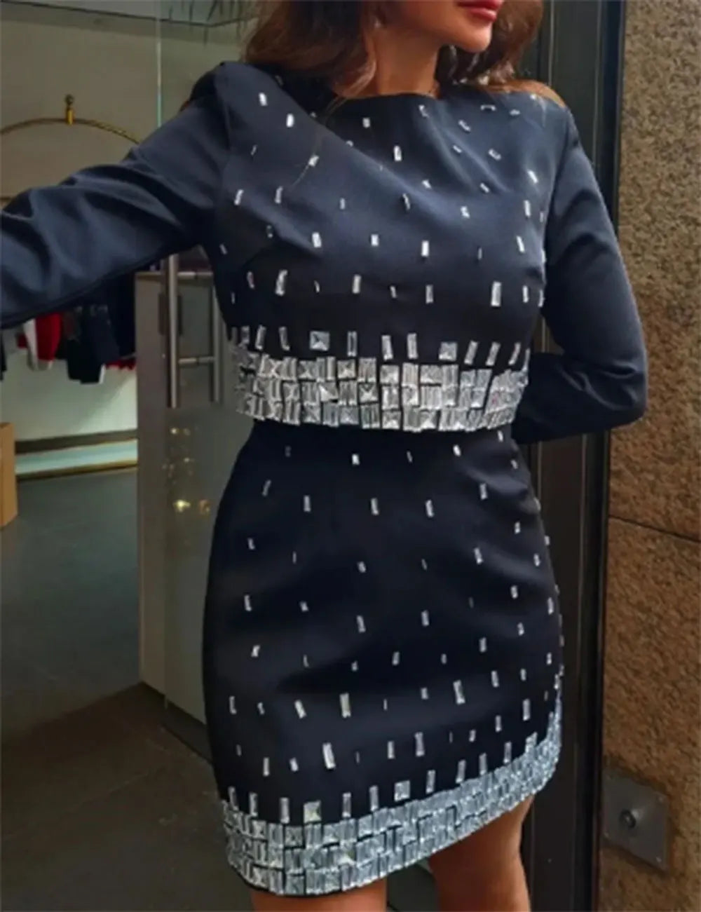 2025 Women's Wear Heavy Industry Beaded Design Mini Skirt Sets Standing Neck Long sleeved Short Top+Short Skirt Two piece Set