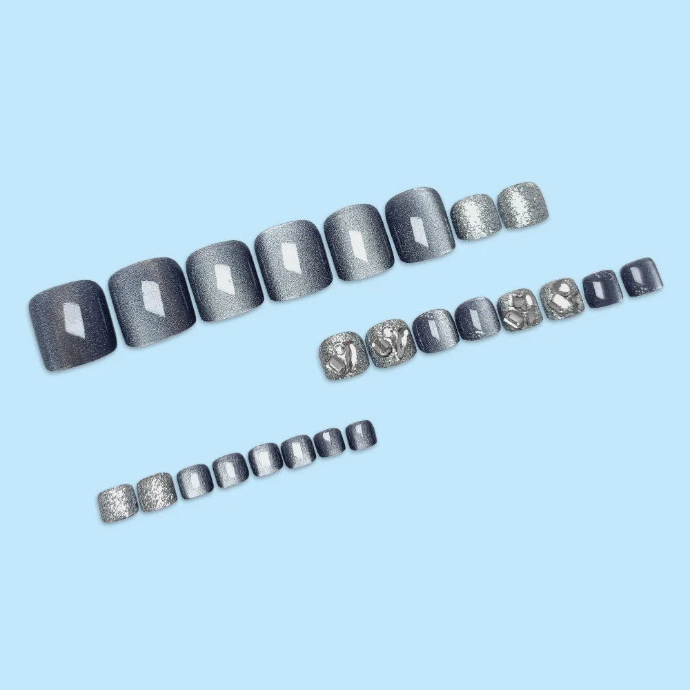 24pcs Blue Cat Eye False Toenails shiny Rhinestone Decor Fake Toenails Wearable Reusable Fashion Korean Press on Toenails
