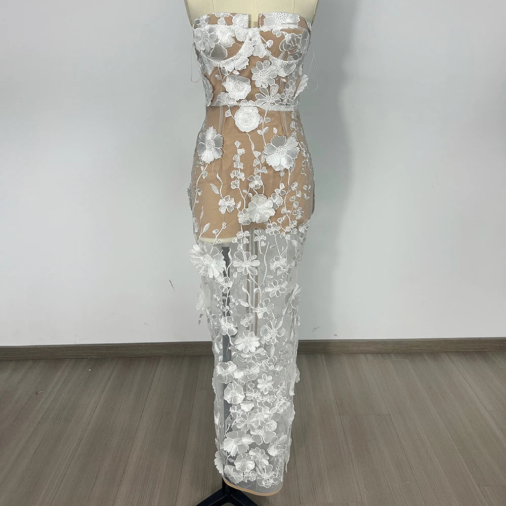Sexy Strapless Embroidery Flower Long Dress Women Sleeveless Structured Floral Slim Elegant Party Cocktail Evening Gowns WHITE