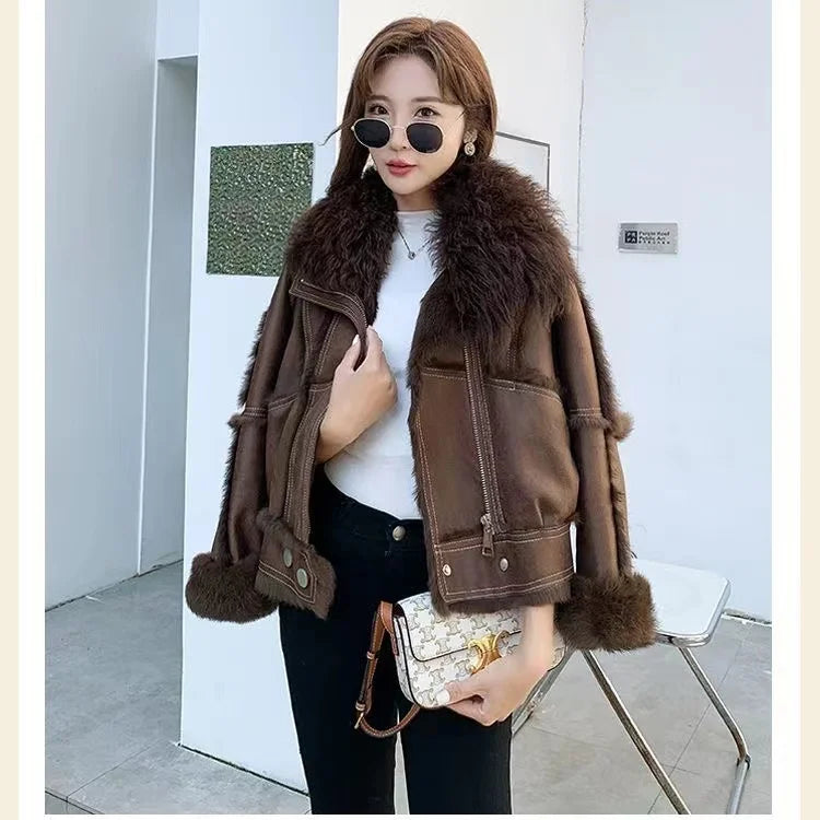 2023 Winter Short Women's Natural Rabbit Hair Lined Sheepskin Collar Coat Fashion Luxury Warm Leather Coat Chocolate Color