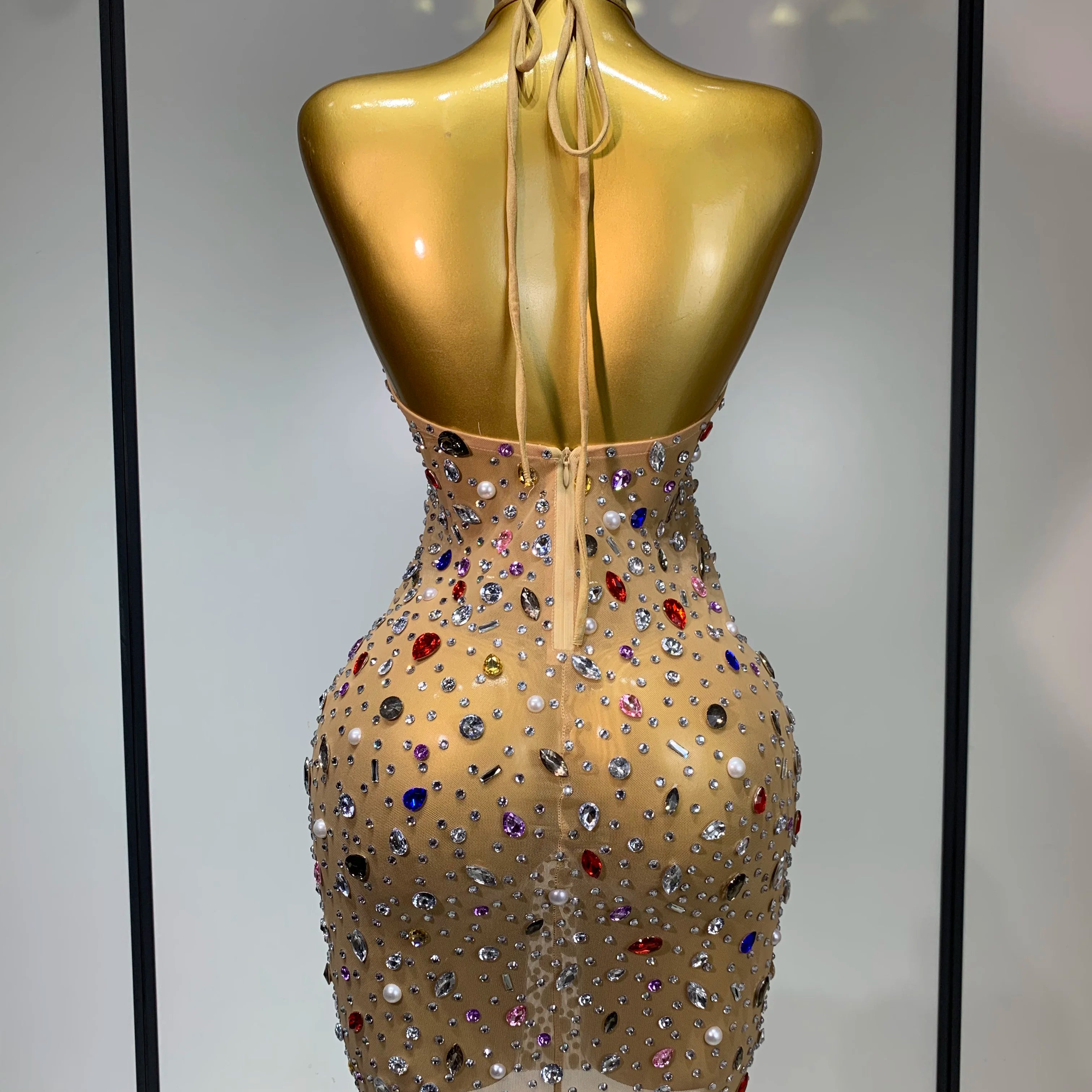 Colorful Crystals Diamond Women Sexy Halter Mesh See Through Bodycon Dress Nightclub Evening Party Celebrate Birthday Costume