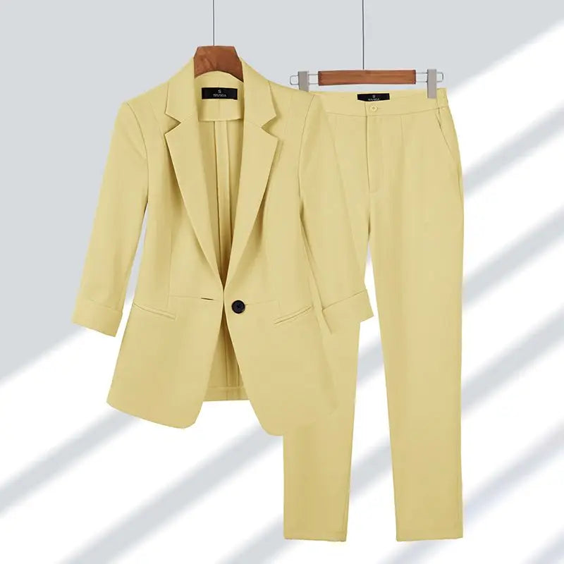 Spring Summer New Elegant Suit Jacket Matching Set Women's Korean Chic Blazers Coat Pants 2 Piece Female Professional Suit Yellow Set