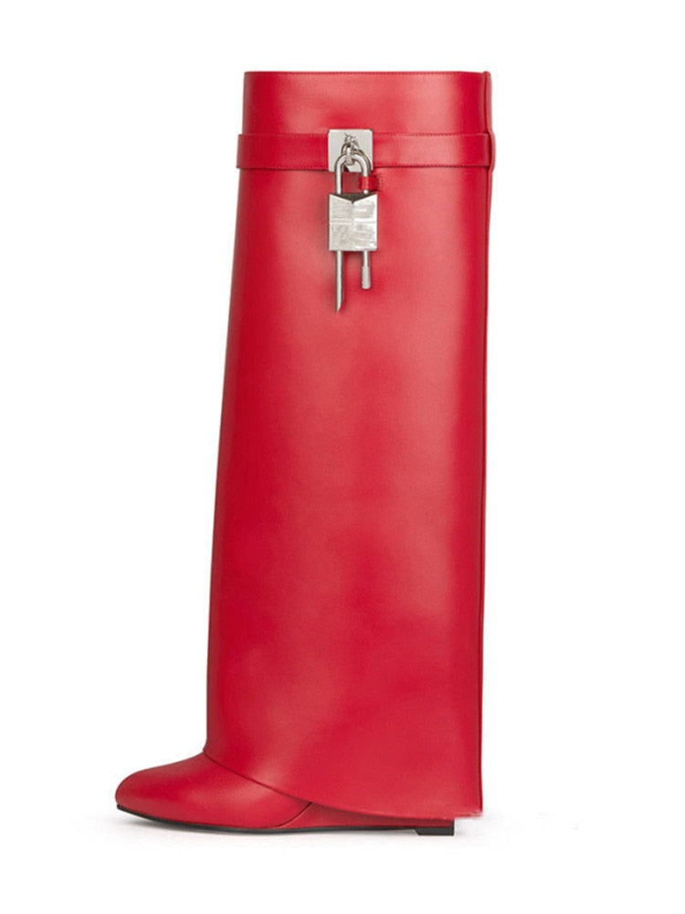 Women's Knee High Boots Shark Lock Long Thick Soled High-heeled Boots Designer Luxury Brand Women's Leather Boots red pu