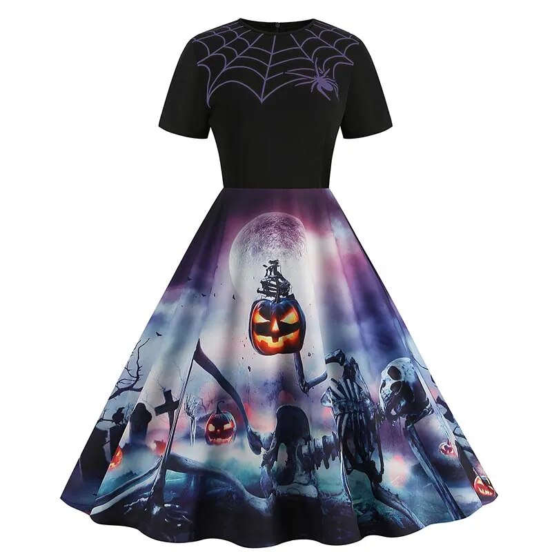 Women Halloween Costumes Dresses Short Sleeve Print 2024 Autumn Winter Vintage Party Dress Vestidos 008