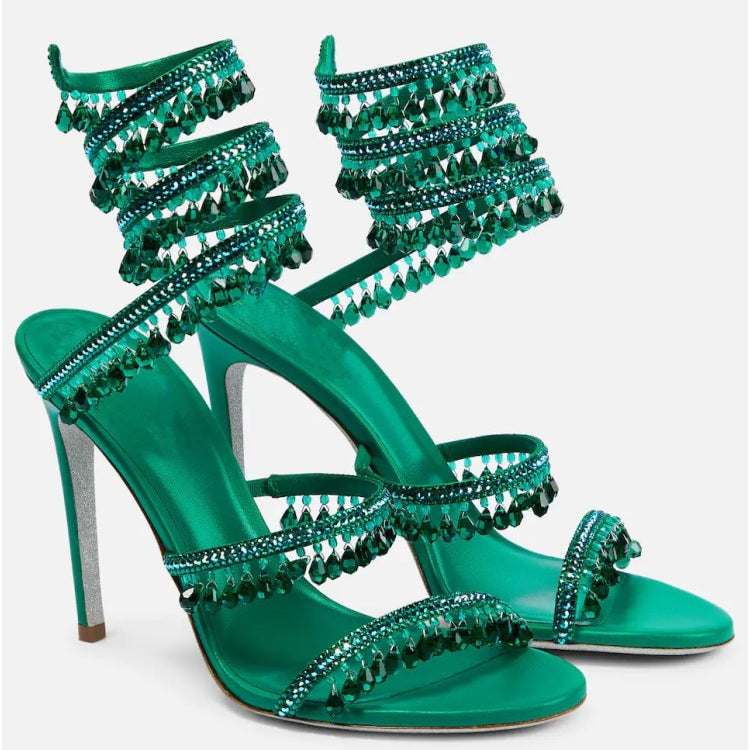 Women's New Rhinestone Sandals Fashion Tassel Crystal Shoes Sexy Nightclub Banquet Party Twining Stiletto Women's Sandals green