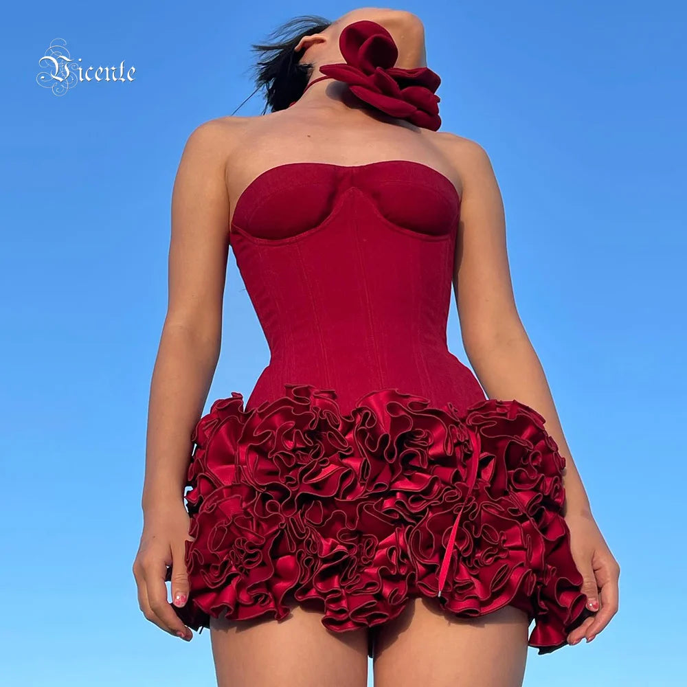 Christmas Dress Strapless Backless Red Structured Floral Embellished Mini Length Bodycon Celebrity Party Cocktail Dress