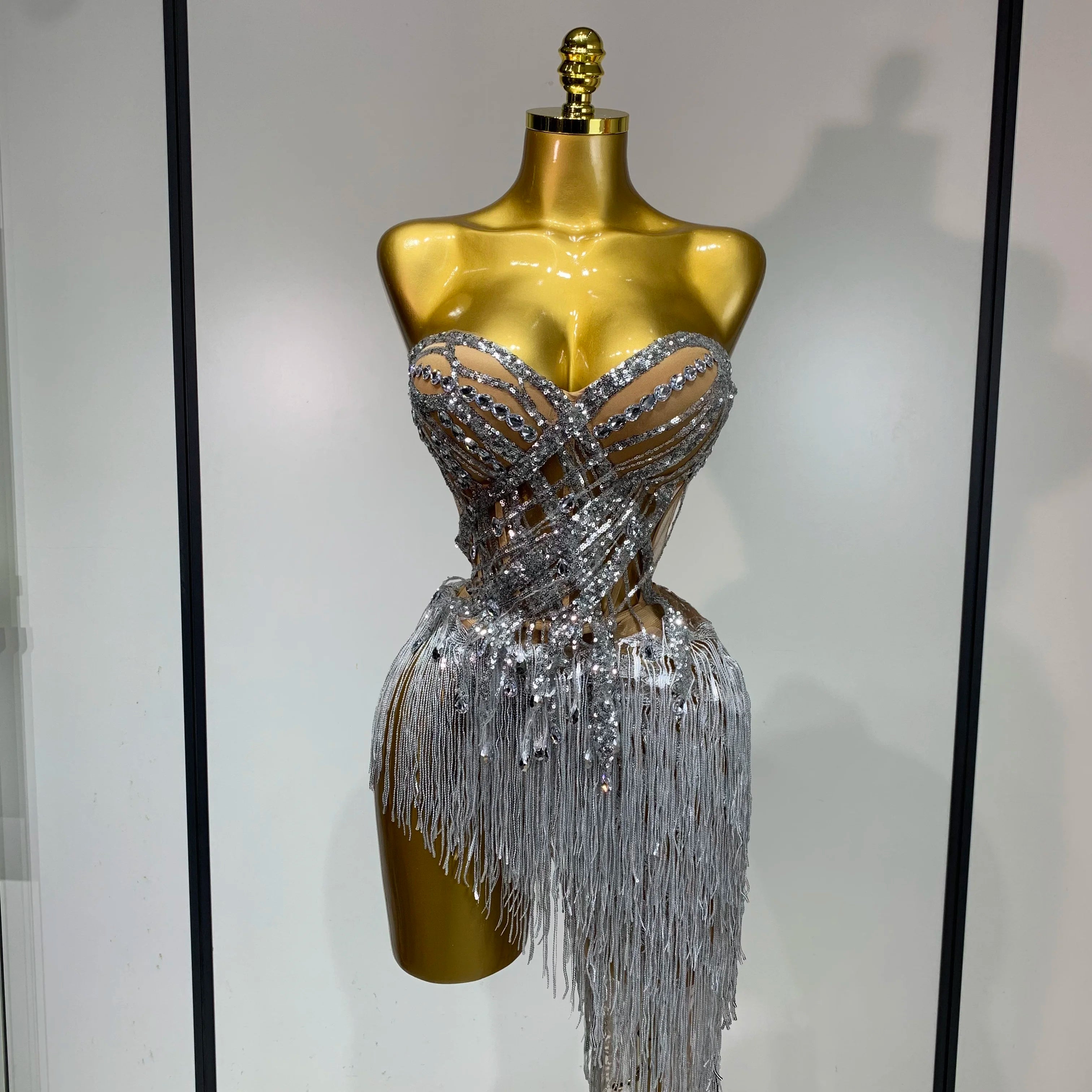 Women Sexy Singer Dancer Performan Costume Nightclub Bar Girl Sparkly Diamond Tassel Two Piece Set Evening Party Outfit Silver