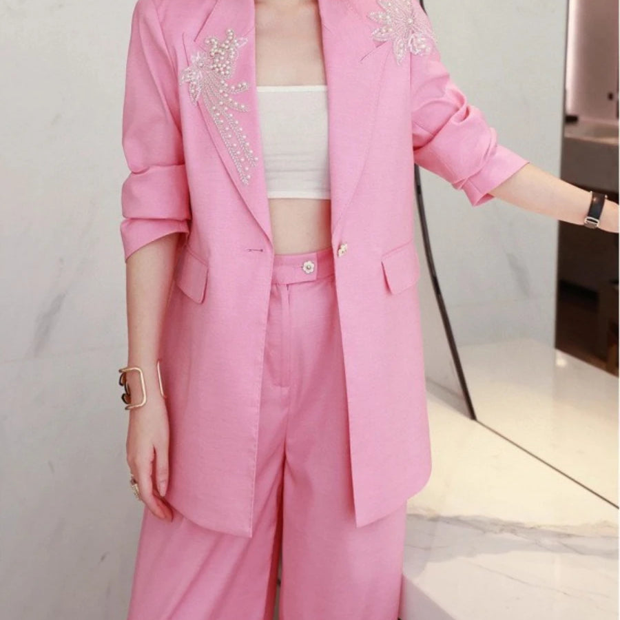 Solid Spliced Appliques Two Piece Sets for Women Lapel Long Sleeves Patchwork Button Top High Waist Pant Set Female