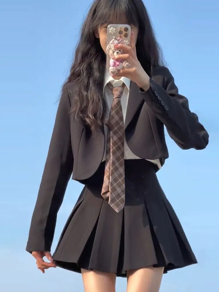 Sets for Women 3 Pieces Autumer Elegant Cardign Suit Coat Shirt Pleated Skirt Sets School Vintage Casual Luxury Korean Fashion Black