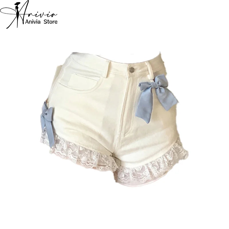 Women's Cute Sweet Bow Lace Lace Denim Shorts Beige High Street Fashion Y2K Spring/Summer Baggy Thin High Waist Pants Beige