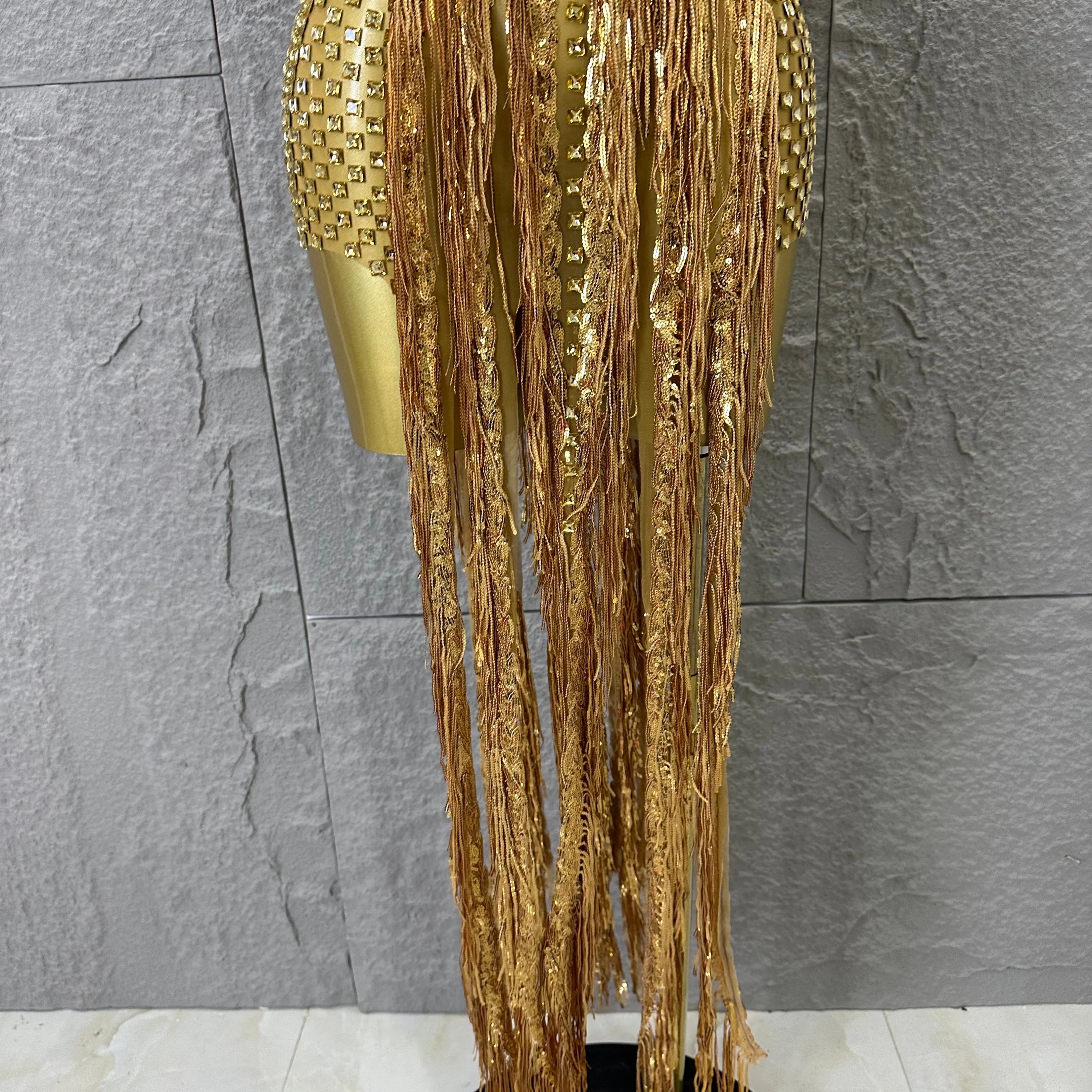 Opulent Gold Halter Neck Mini Dress Women Sexy Crystal Embellished Fringe Trim Form-Fitting Outfit Formal Event Party Costume