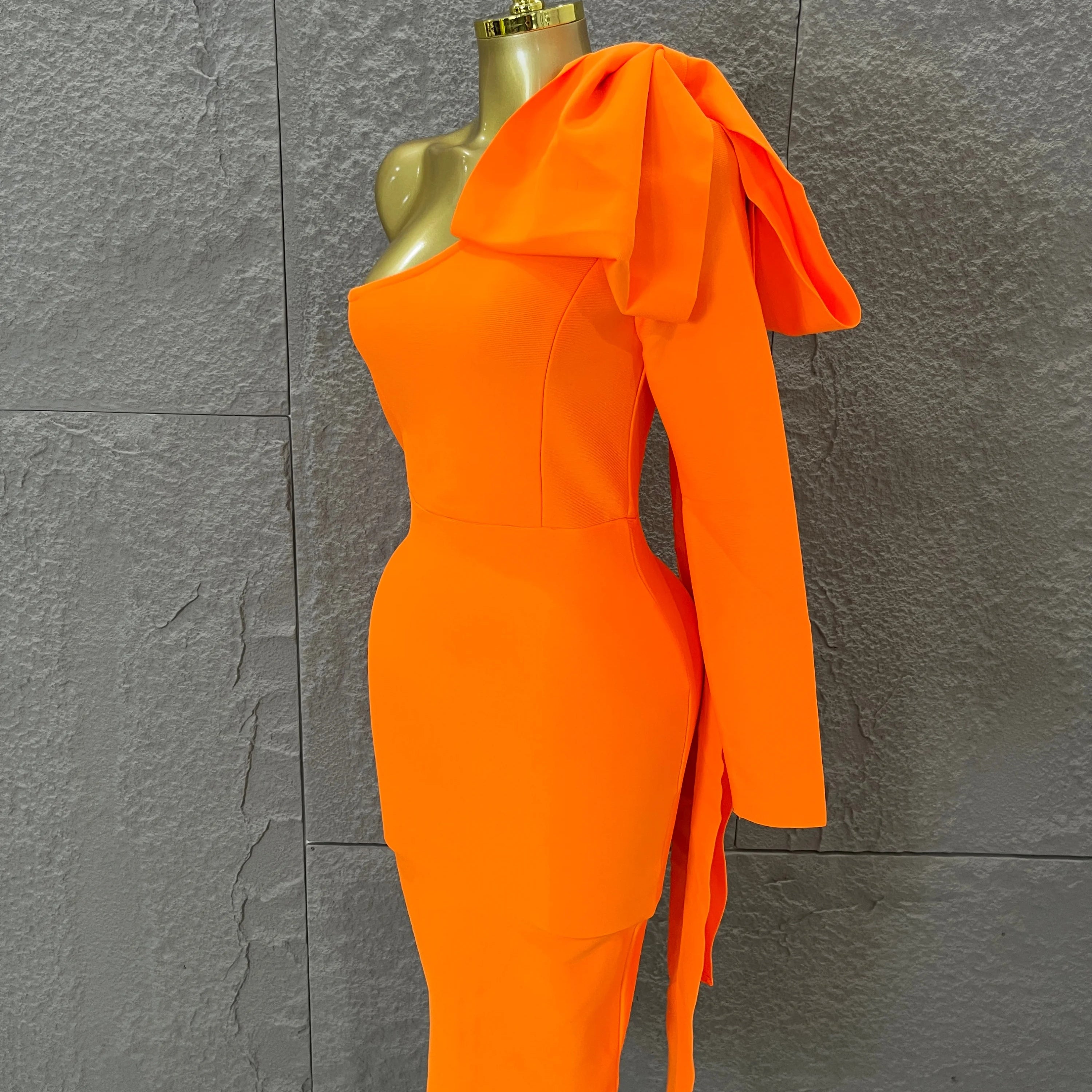 Vibrant Orange Single Sleeve Bow Shoulder Bandage Dress Slim Fit Midi Evening Birthday Nightclub Banquet Formal Dinner Outfit