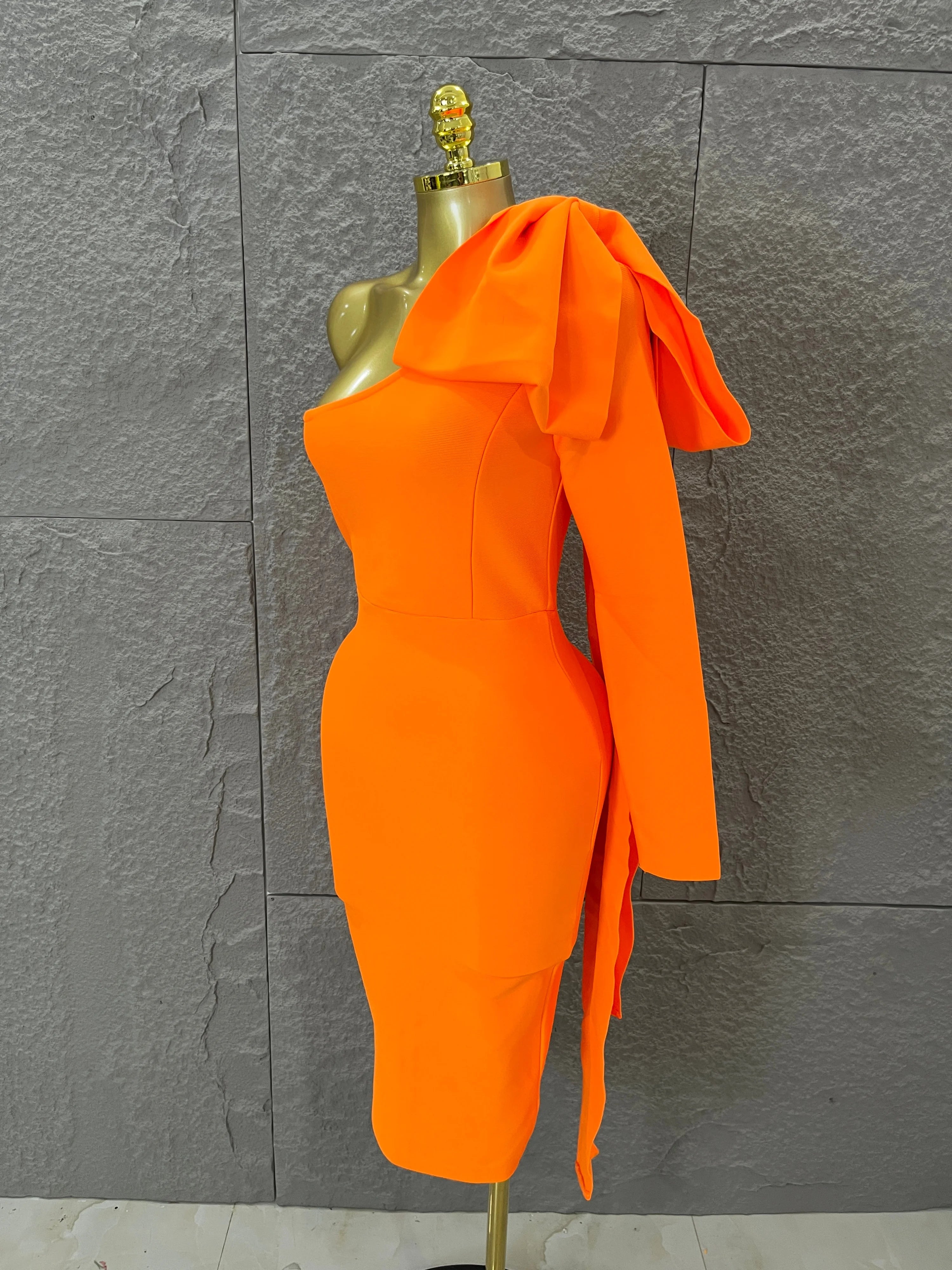 Vibrant Orange Single Sleeve Bow Shoulder Bandage Dress Slim Fit Midi Evening Birthday Nightclub Banquet Formal Dinner Outfit