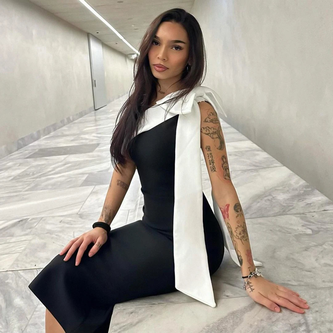 Women Sexy Slash Neck Off the Shoulder Big Bow Bodycon Midi Bandage Dress Elegant Evening Party Celebrate Dress