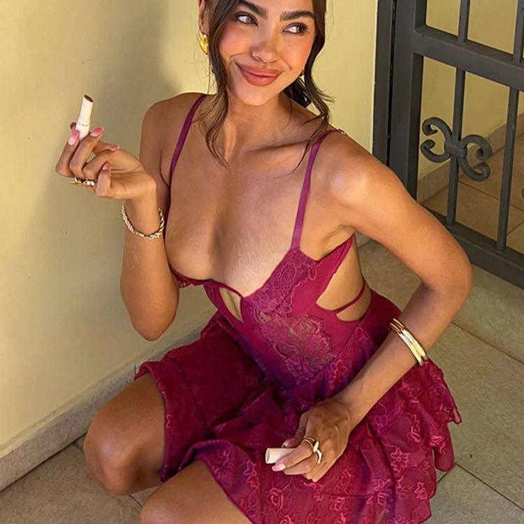 Mozision Lace Spaghetti Strap Sexy Mini Dress For Women Fashion Hollow Out Sleeveless Backless High Waist Ruffled Dress Elegant