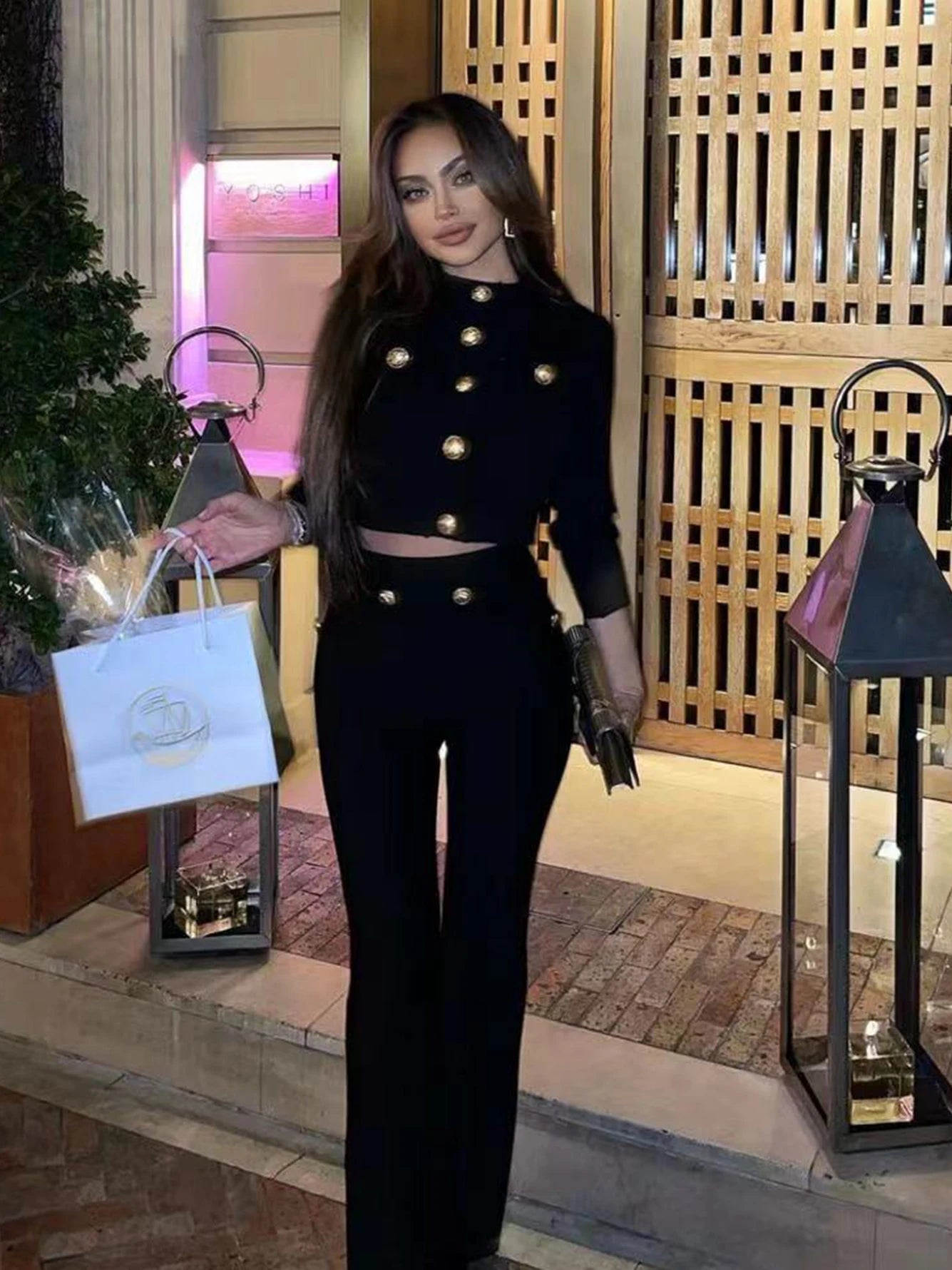 Celebrity Black Long Sleeve 2 Pieces Rayon Bandage Set Evening Party Set Vestidos black