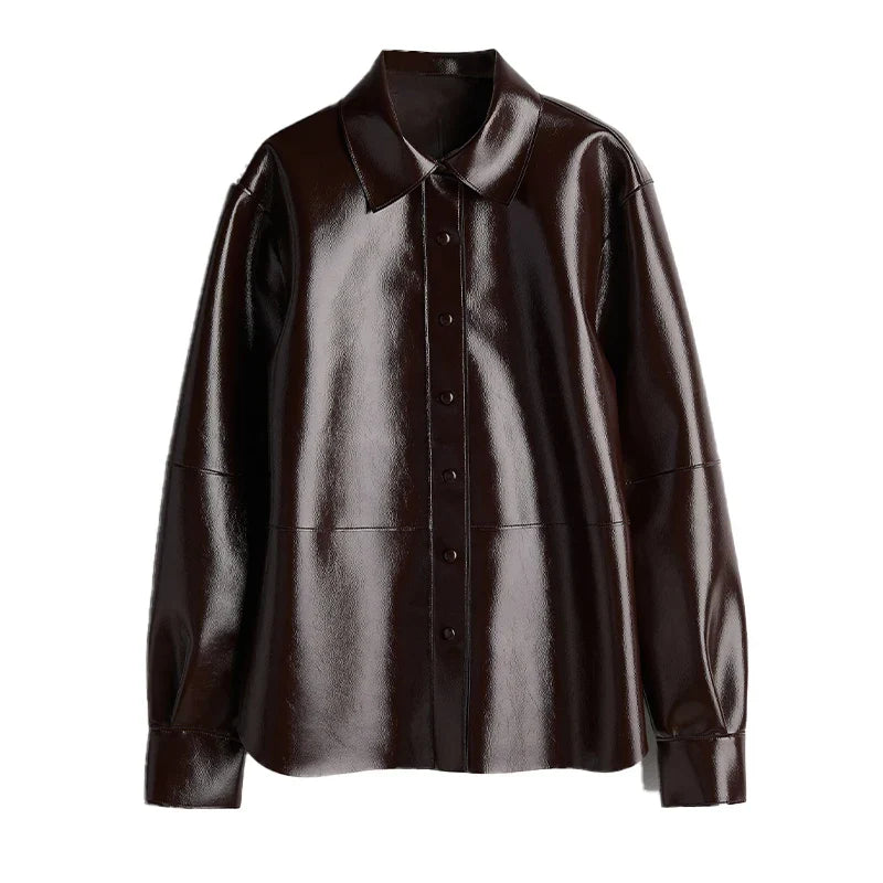 PU Leather Jackets Short Skirt Sets Women Single-Breasted Jacket Suits With High Waisted Mini Skirts Lady High Street Outfits flip collar