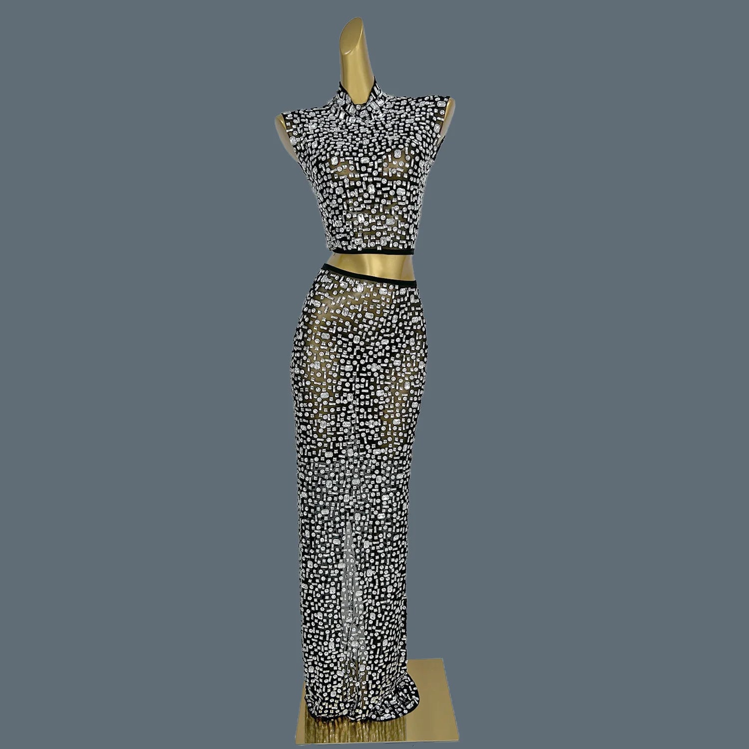 Lady Sexy Two Piece Set See Through Slit Crystal Rhinestone Mesh Dress for Club Party Wear Red Carpet Stage Show Costume Gesebei Silver