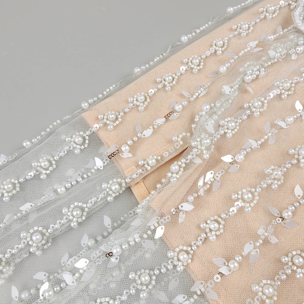 Elegant Beige Strapless Sleeveless Beaded Mesh Floral Details Dress for Fashion Event Gown