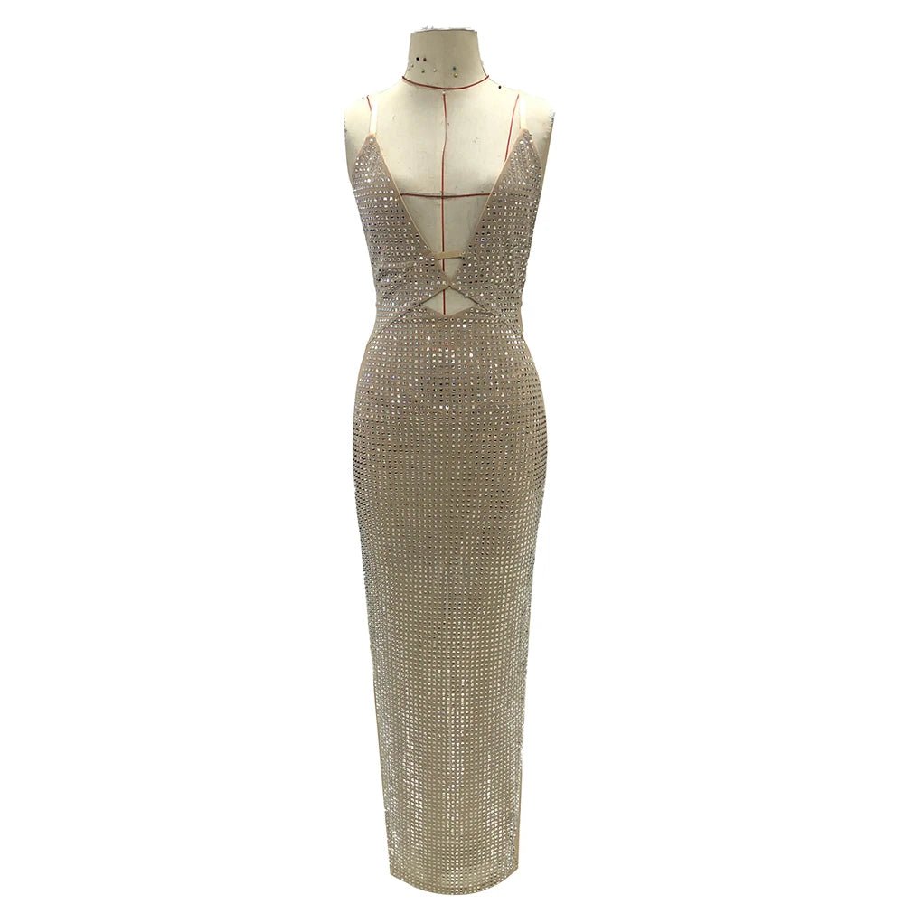 Luxury Sparkle Crystal Straps V-Neck Hollow Out Bodycon Rhinestone Party Dresses Birthday Evening Prom Maxi Dress Beige