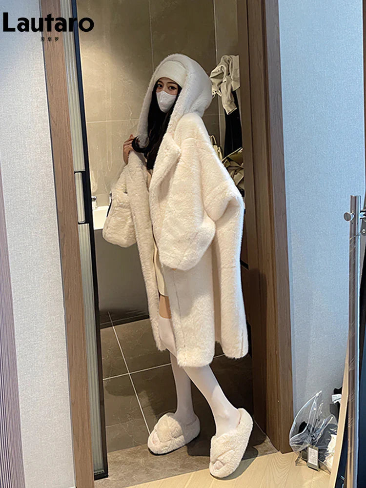 Winter Long Oversized White Thick Warm Teddy Bear Coat Women with Hood Loose Casual Korean Fashion 2023