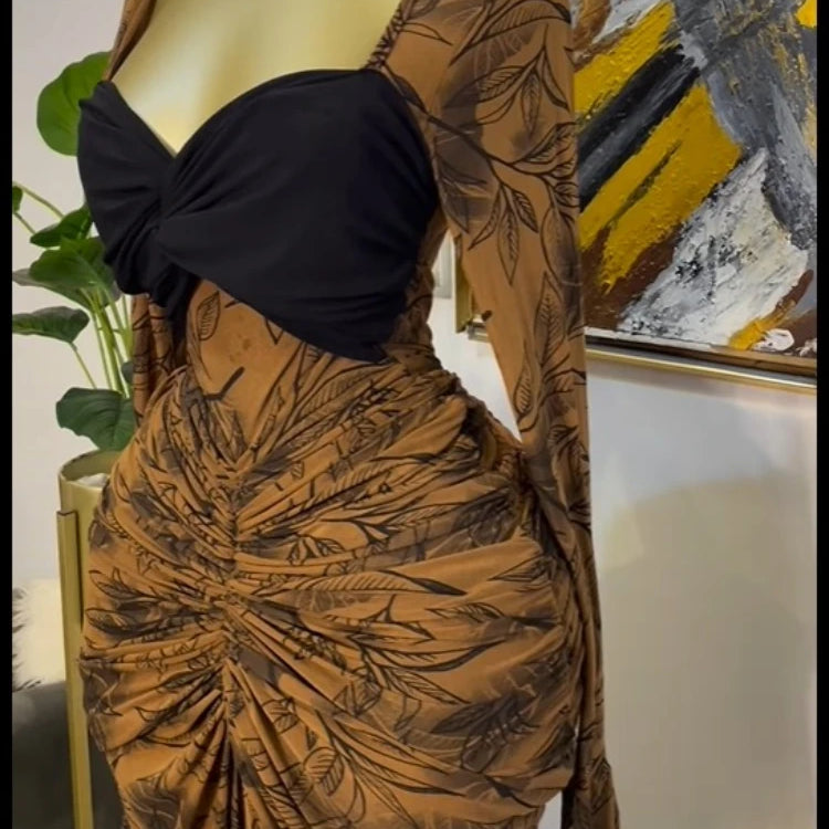 Women Leaf Printed Stacked Ruched Draped V-neck Maxi Long Bodycon Dress 2025 Holiday Birthday Club Party Evening Dresses