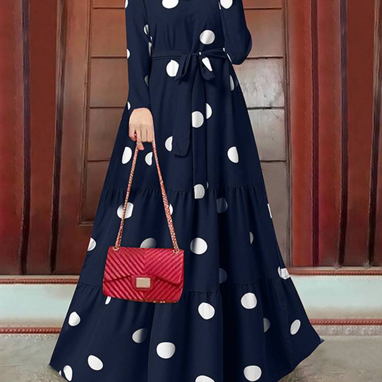 ZANZEA Women Spring Muslim Dress Elegant Casual Loose Abaya Kaftan Sundress Long Sleeved Polka Dots Printed O-Neck Maxi Robe