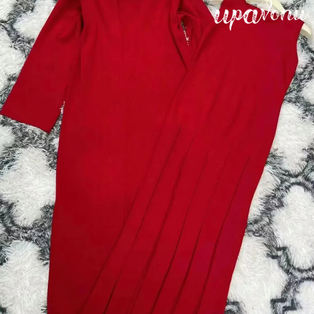 2024 Elegant Women'S Knitted Sweater Dresses Sets With Cardigan Long Jacket+Bodycon Pleated Long Knitted Dress Two-Piece Set Red
