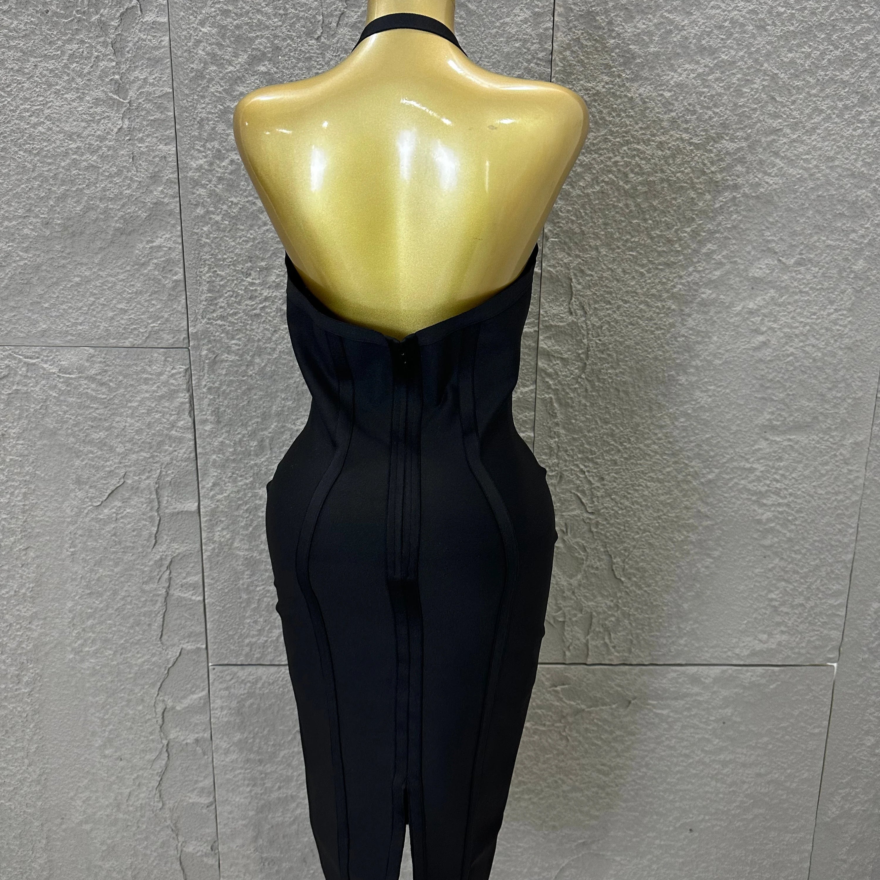 Elegant 2026 Brown Bandage Midi Dress Women Sexy Halter Neck Deep V Bodycon Evening Party Costume Cocktail Party Costume