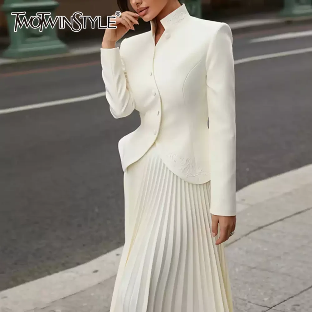 Minimalist Two Piece Sets For Women Stand Collar Long Sleeve Blazer High Waist Skirt Elegant Set Female Fashion New