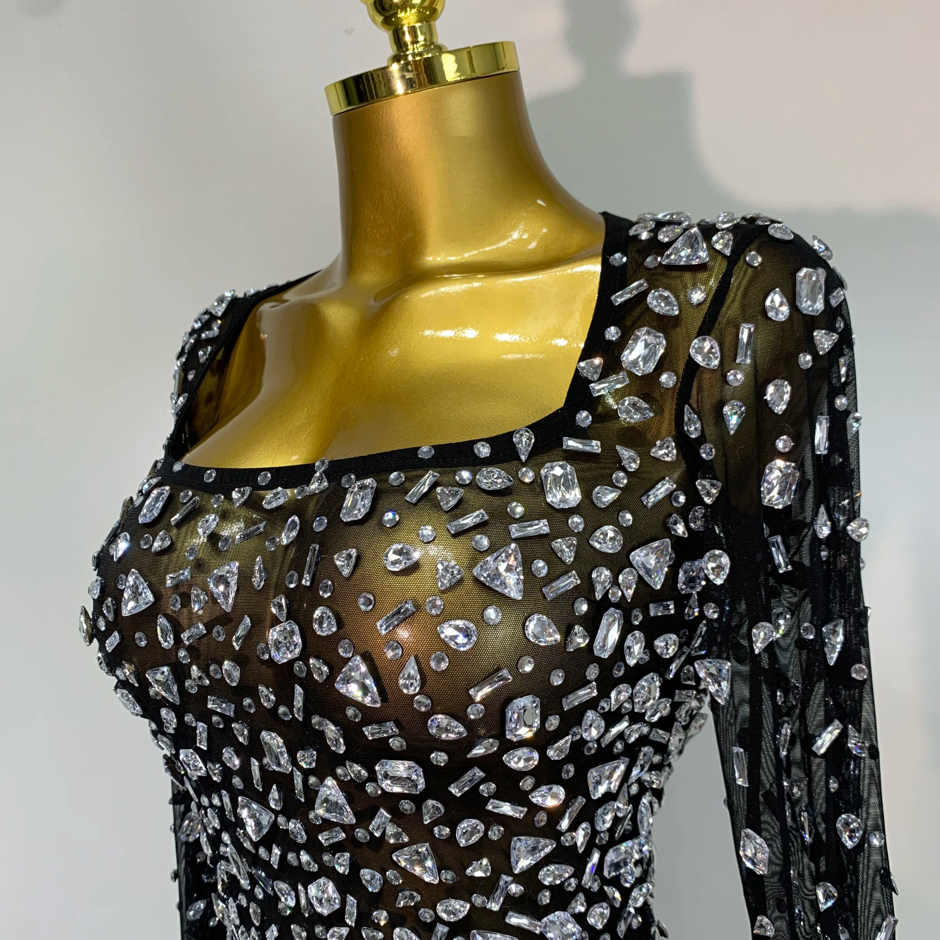 Sparkly Rhinestone Sexy Transparent Mini Dress Celebrity Evening Party Prom Birthday Photo Shoot Nightclub Stage Costume