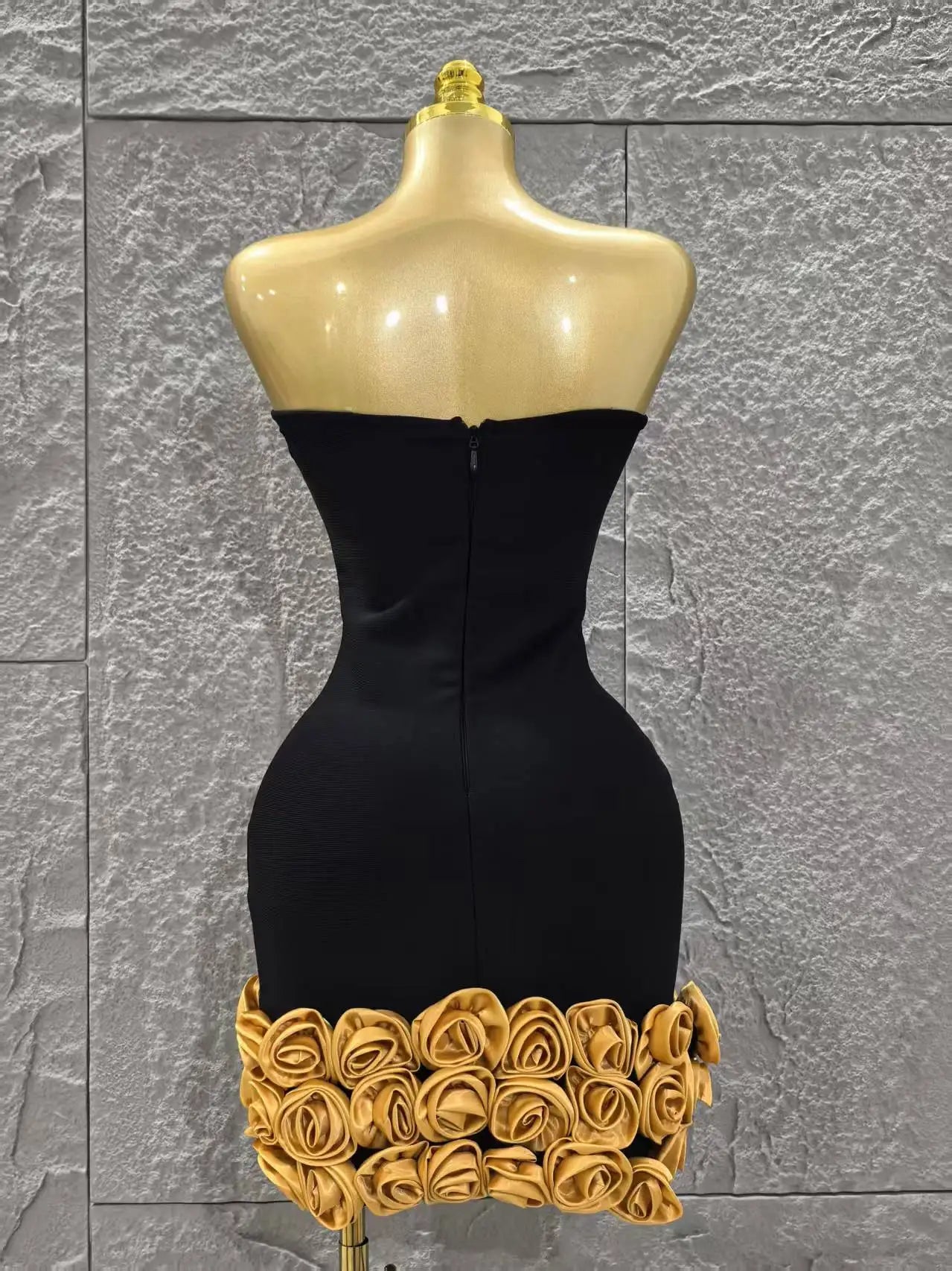 Black Color Golden Florlas Women Sexy Strapless Bodycon Mini Bandage Dress Celebrate Nightclub Party Birthday Vacation Wear