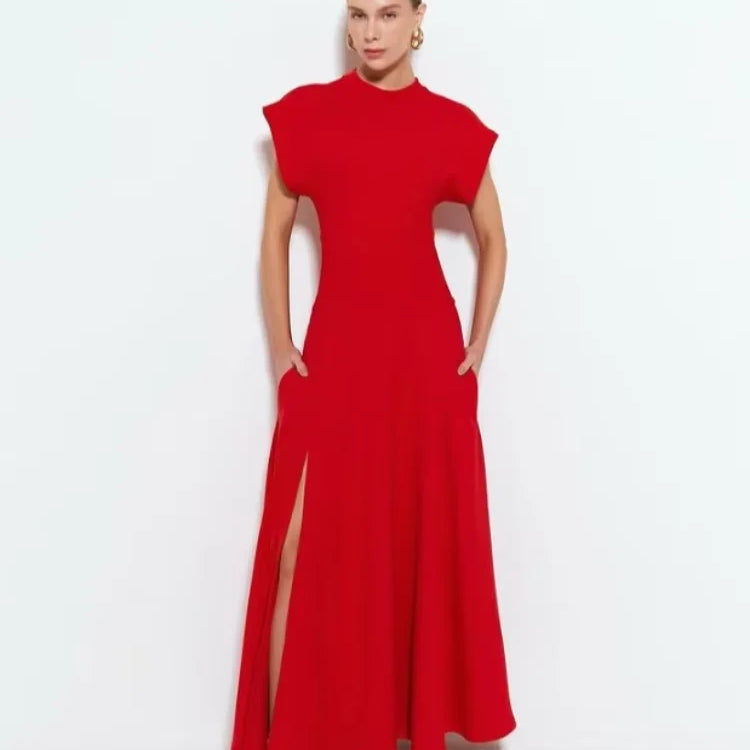 Chic Shoulder Pad Round Neck Solid Maxi Dress Women Elegant Sleeveless A-line Long Dresses 2024 Lady Fashion High Street Robes