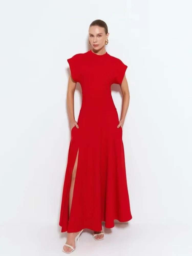 Chic Shoulder Pad Round Neck Solid Maxi Dress Women Elegant Sleeveless A-line Long Dresses 2024 Lady Fashion High Street Robes