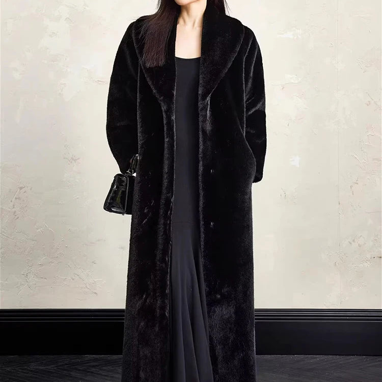 Lautaro Winter Extra Long Elegant Luxury Chic Thick Warm Soft Black Fluffy Faux Fur Coat Women Shawl Collar Furry Overcoat 2025