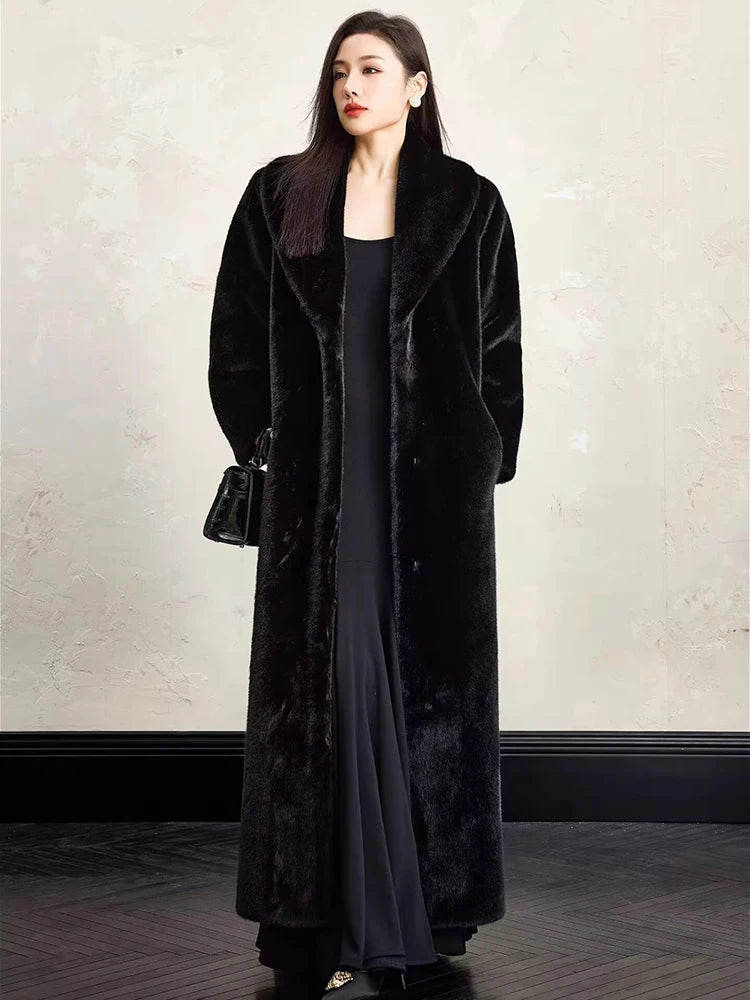 Lautaro Winter Extra Long Elegant Luxury Chic Thick Warm Soft Black Fluffy Faux Fur Coat Women Shawl Collar Furry Overcoat 2025