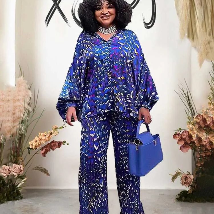African 2 Piece Sets Women Outfit Loose Casual Long Top Shirt and Pant Set Autumn Plus Size Matching Sets Pleated Trouser Suit