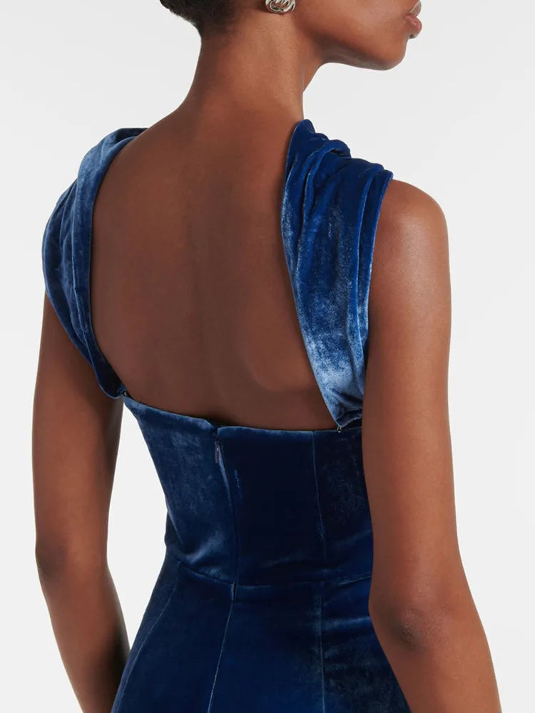 Chic Luxury Women Celebrity Sexy Tank Velvet Blue Maxi Long Gowns Dress 2025 Elegant Evening Party Club Vestido