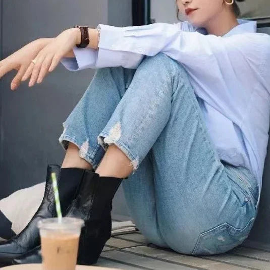 Spring Summer New Women High Waist Distressed Retro Jeans Casual Fashion Ankle-length Denim Pants