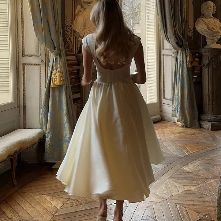 2025 Elegant White O Neck Pleated Hem Maxi Dress Women Fashion Open Back Solid A-line Dresses New Spring Summer Lady Party Robes