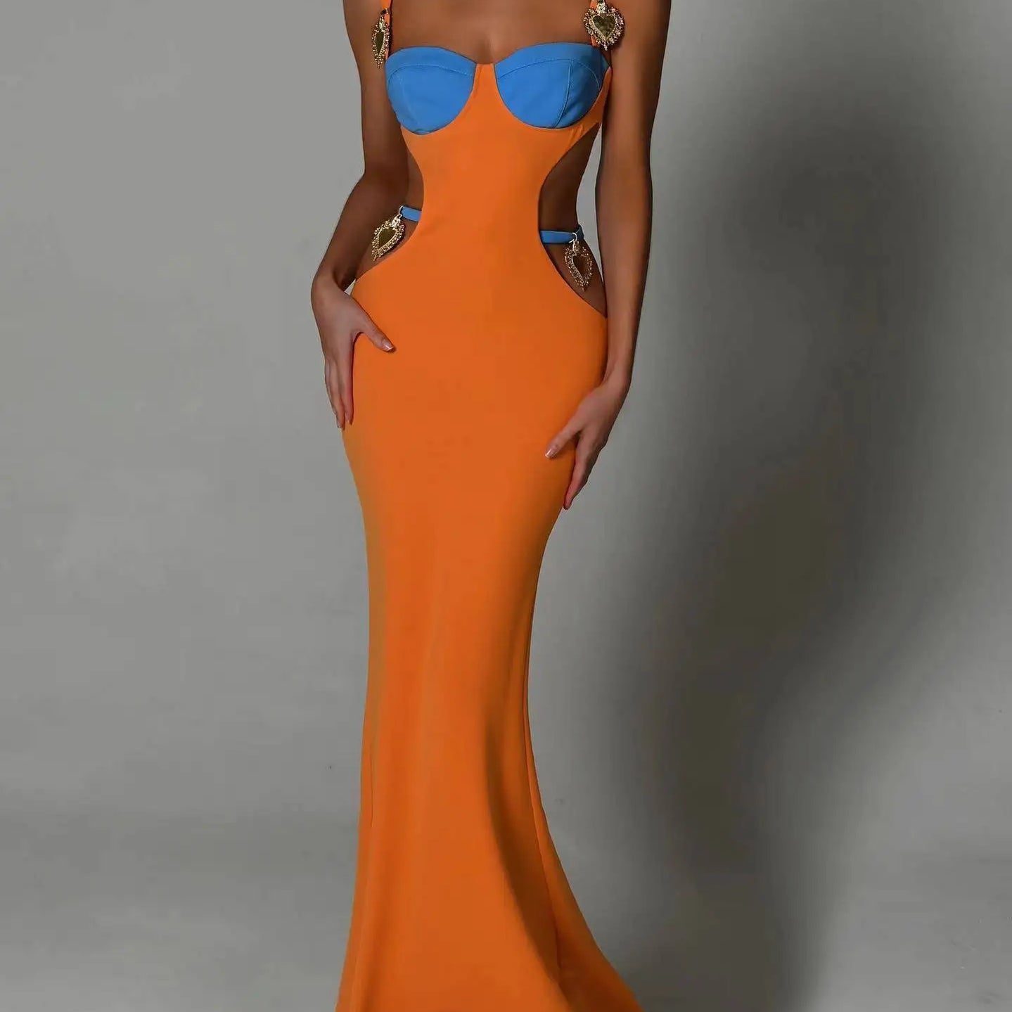 3 Colors Women Sleeveless Sexy Sequined Hollow Out Bodycon Long Rayon Bandage Fashion Cocktail Birthday Maxi Dress Orange