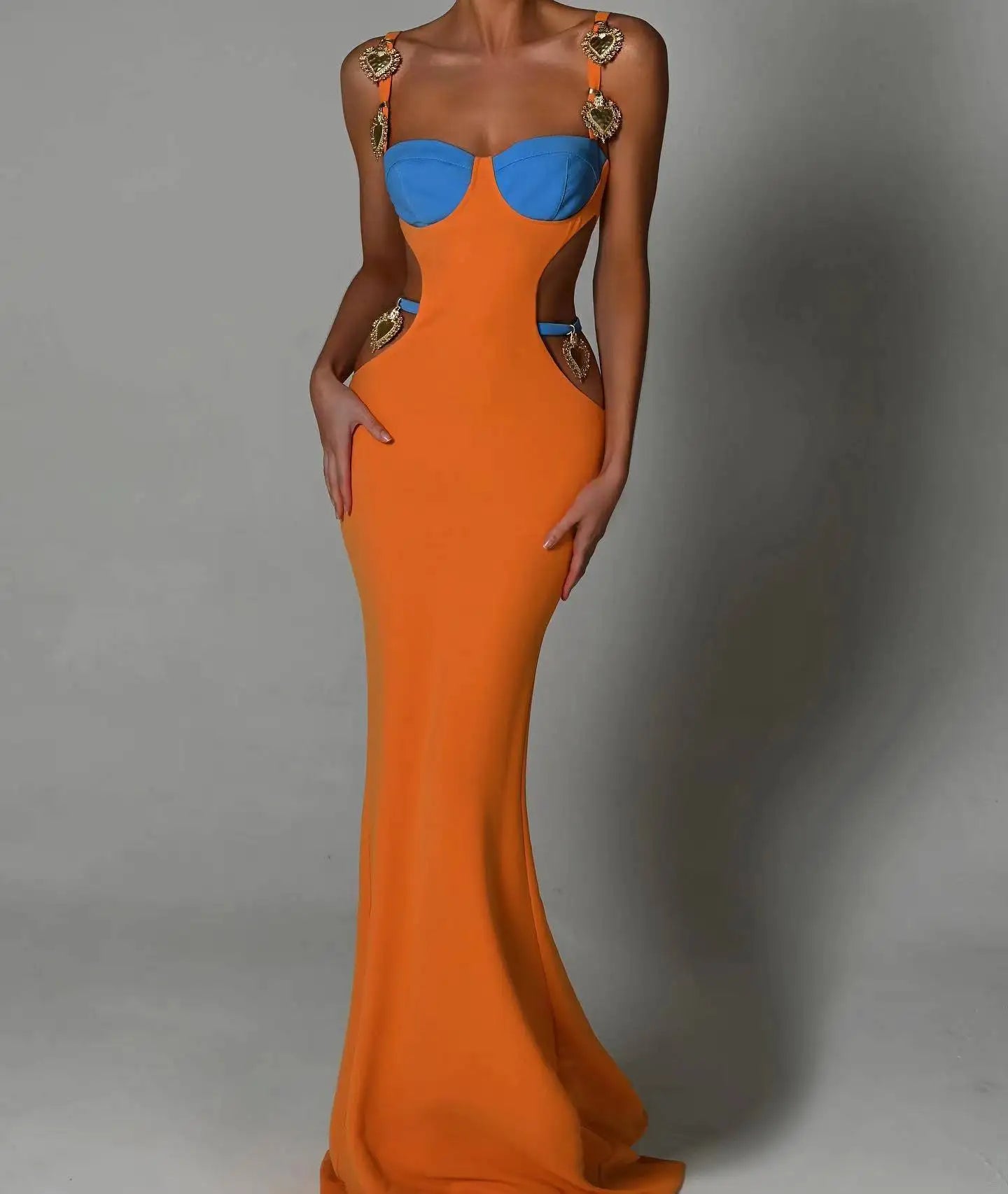 3 Colors Women Sleeveless Sexy Sequined Hollow Out Bodycon Long Rayon Bandage Fashion Cocktail Birthday Maxi Dress Orange