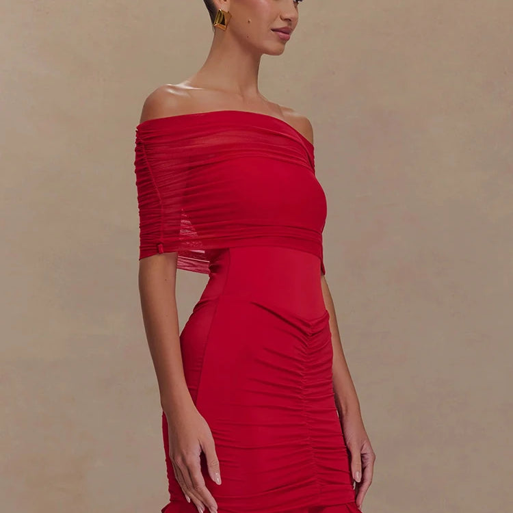Charming Red Off-Shoulder Dress with Ruched Details for Elegant Dinner Party Evening Gown
