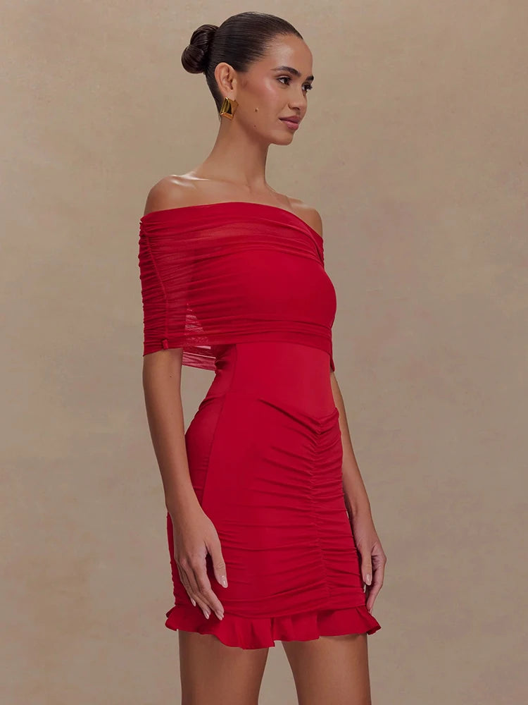 Charming Red Off-Shoulder Dress with Ruched Details for Elegant Dinner Party Evening Gown