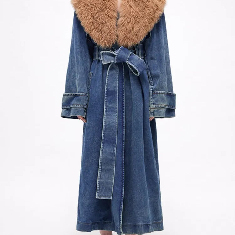 Colorblock Patchwork Lace Up Denim Coat For Women Fur Collar Long Sleeve Loose Casual Trench Female Fashion Style