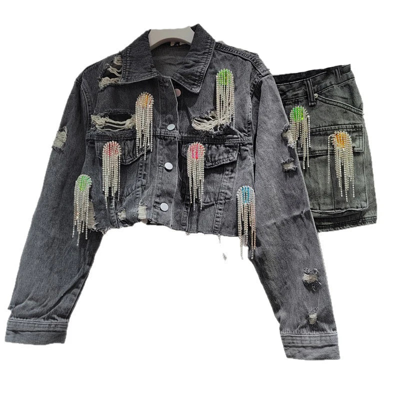 Autumn Winter New Fashion Colorful Rhinestone Tassel Distressed Denim Jacket For Women Short Skirt Female 11A07618