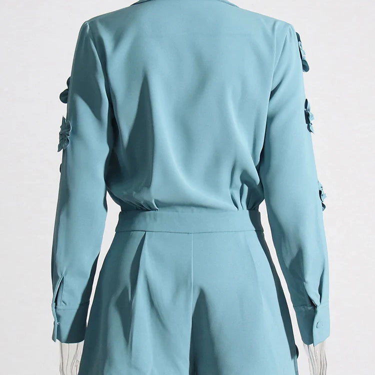 CHICEVER Spliced Appliques Solid Jumpsuits For Women Laple Long Sleeve High Waist Folds Patchwork Pockets Loose Jumpsuit Female