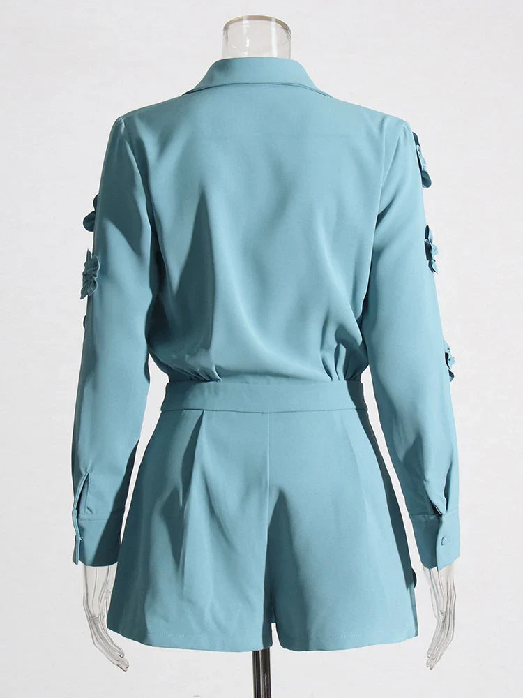 CHICEVER Spliced Appliques Solid Jumpsuits For Women Laple Long Sleeve High Waist Folds Patchwork Pockets Loose Jumpsuit Female