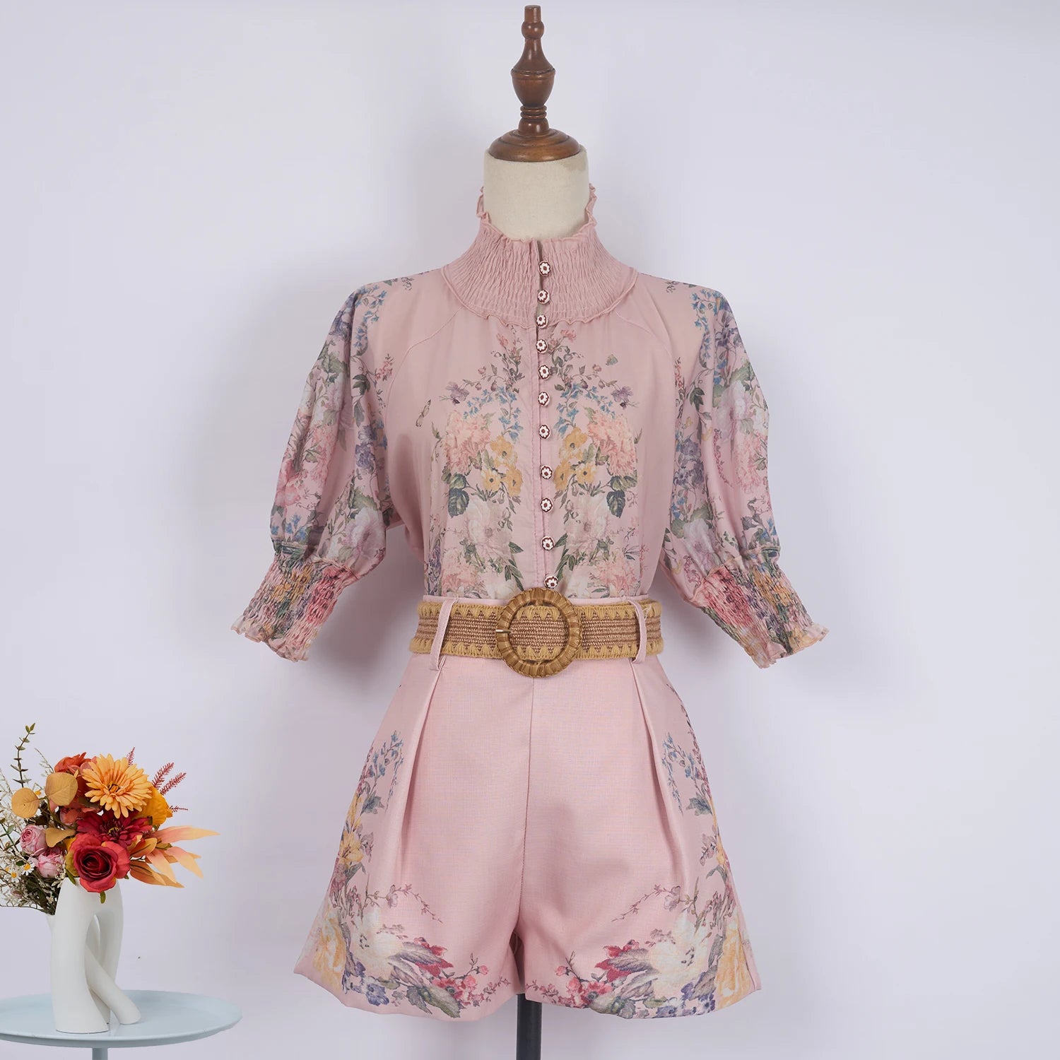 Real Shot Spot Australian Design Positioning Printing Single-Breasted Cotton and Linen High-End Puff Sleeve Shirt Shorts with Be Pink
